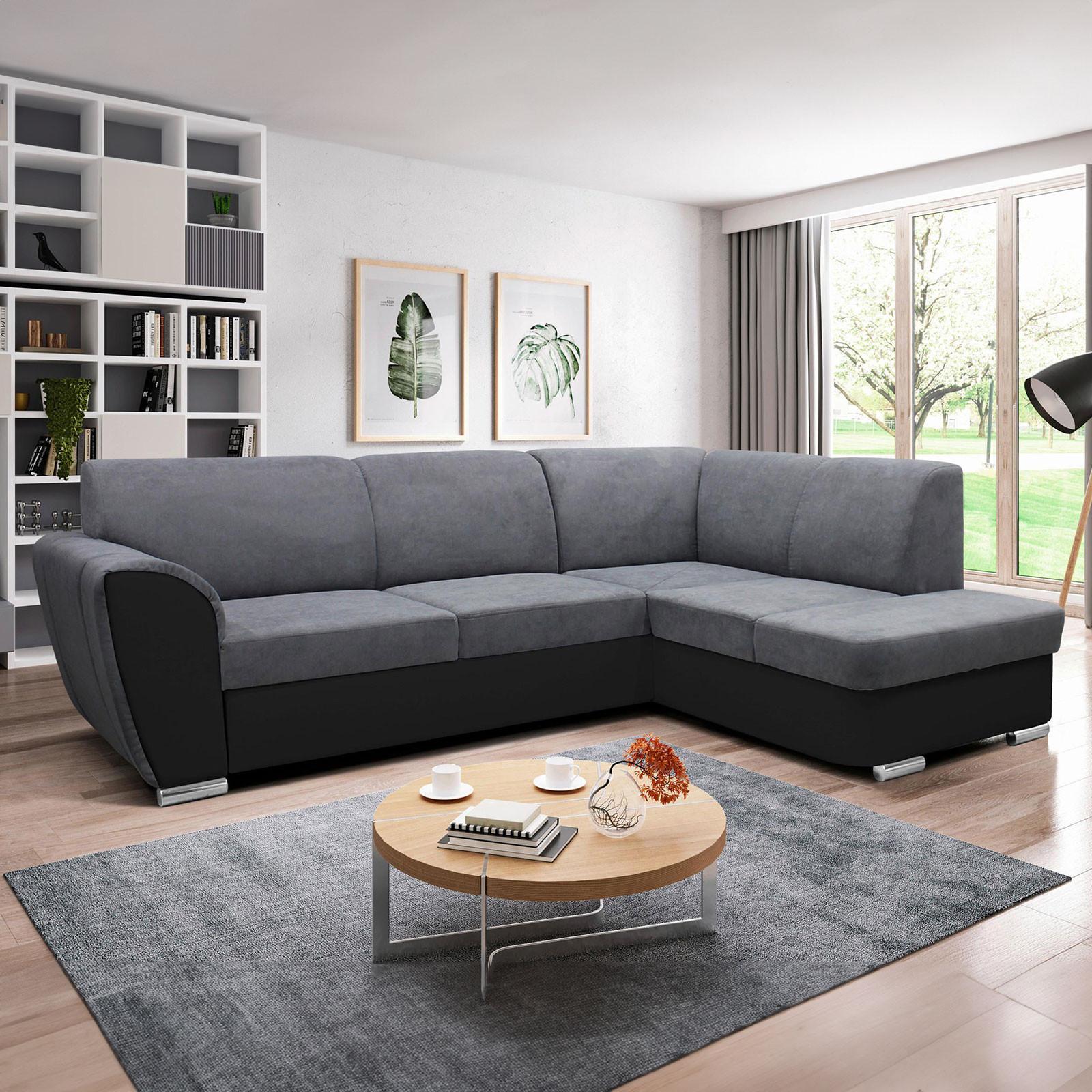 Ecksofa Mit Bettkasten Doris Rücken Echt Grau/schwarz - Silberfarben/Schwarz, Design, Textil (255/196cm) - MID.YOU