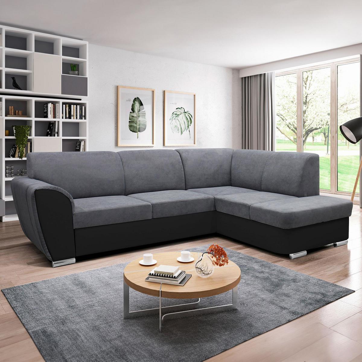 Ecksofa Mit Bettkasten Doris Rücken Echt Grau/schwarz - Silberfarben/Schwarz, Design, Textil (255/196cm) - MID.YOU