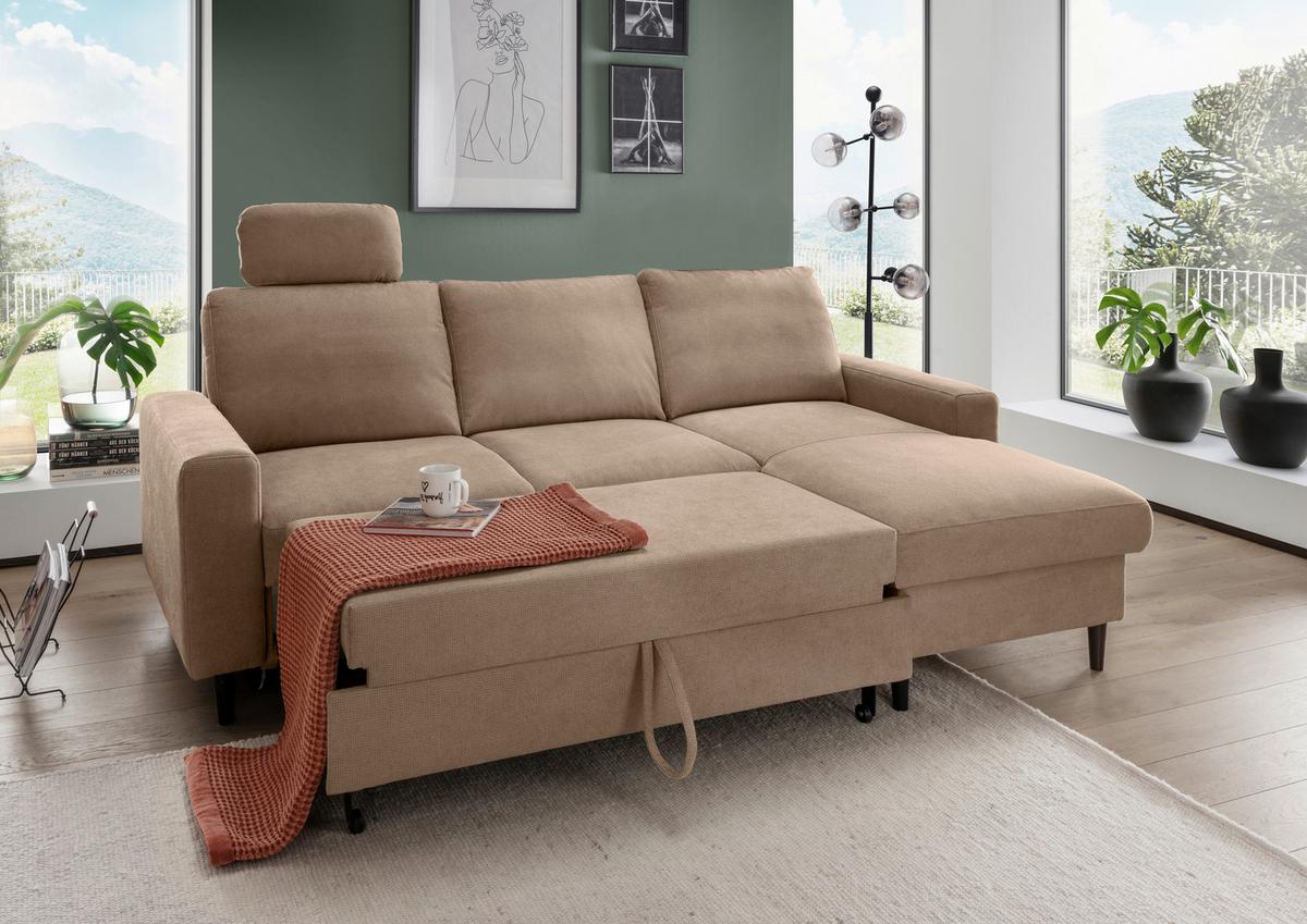 Eckschlafsofa Passione Hellbraun S: 234x147 cm - Hellbraun/Schwarz, MODERN, Textil (234/147cm) - Livetastic