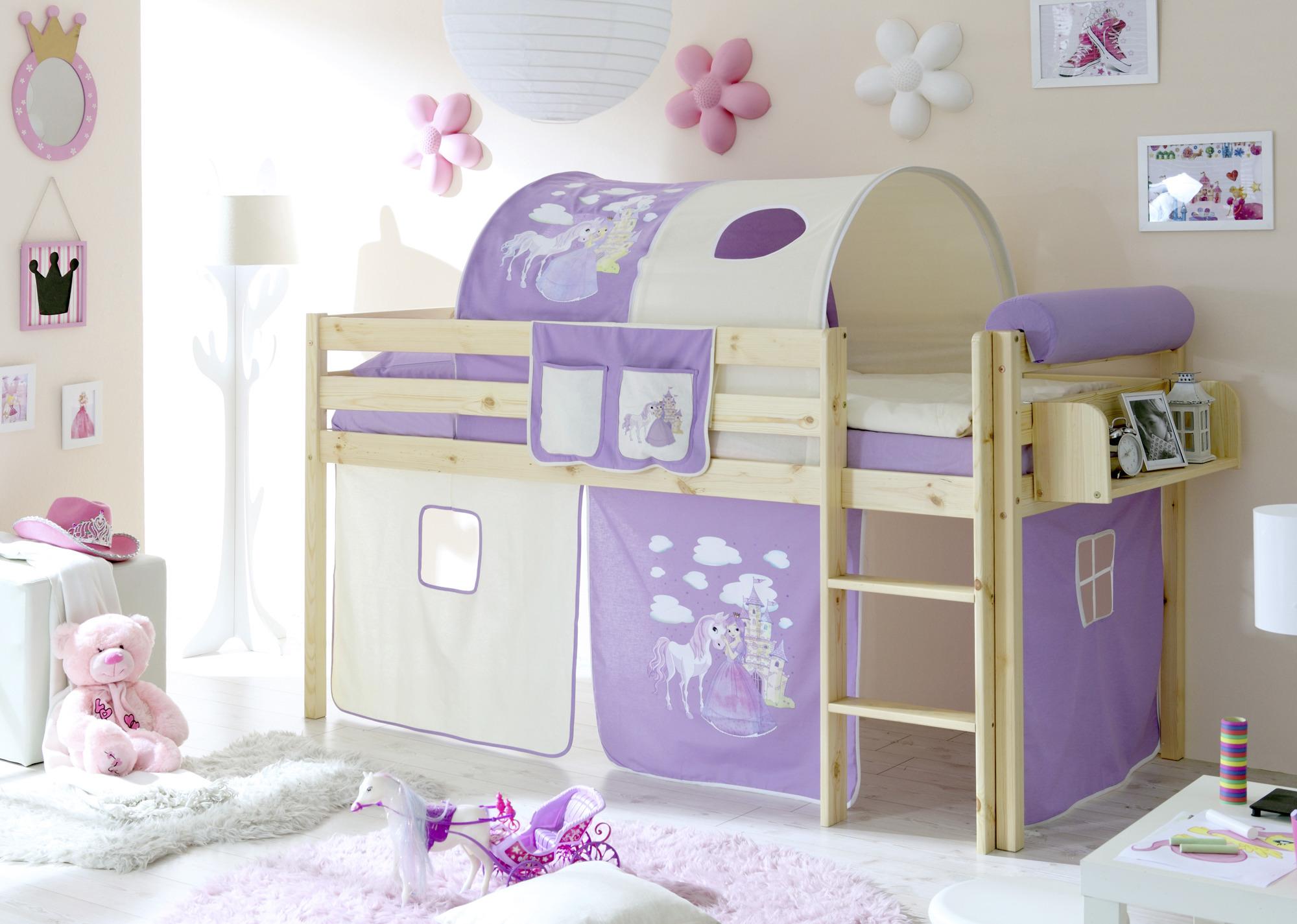 Spielbett Malte Flieder Kiefer Massiv 90 cm Vorhang Leiter - Beige/Lila, Natur, Holz (90/200cm) - MID.YOU