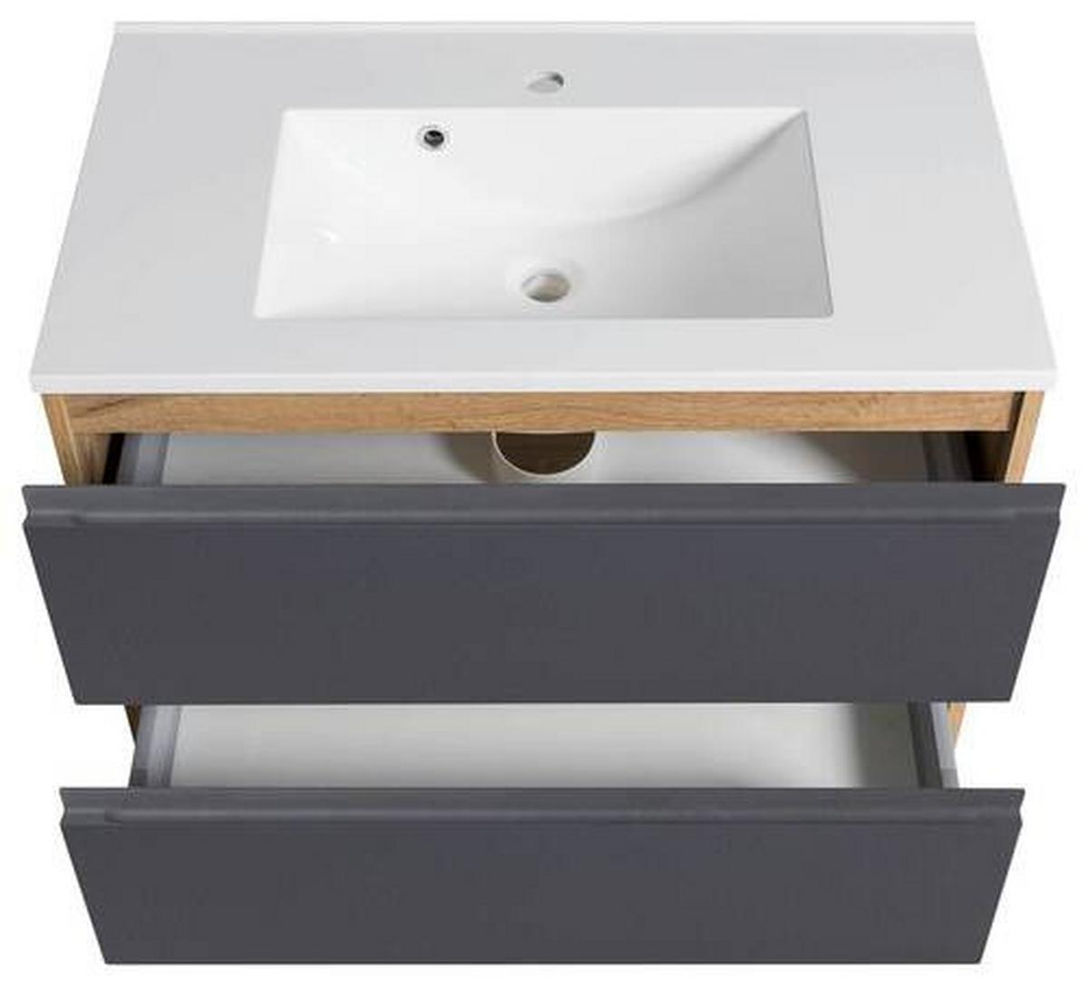 Waschbecken Mit Unterschrank Varese B: 80 Cm Grau/eiche - Eiche Wotan/Weiß, MODERN, Holzwerkstoff/Stein (80cm) - Held