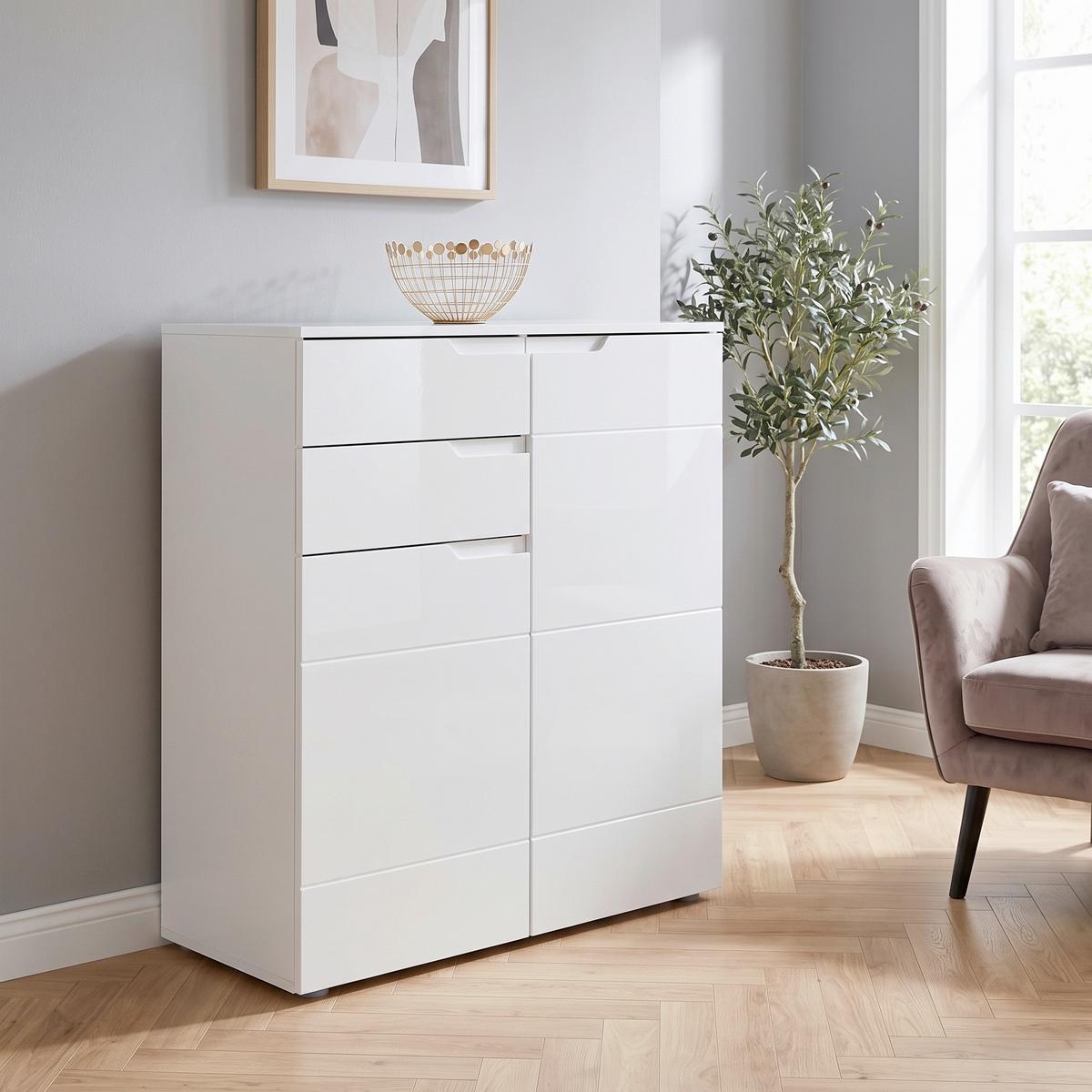 Kommode 100cm Hilton, weiß HILTON - Weiß Hochglanz/Silberfarben, MODERN, Holzwerkstoff (100/119,8/40cm)