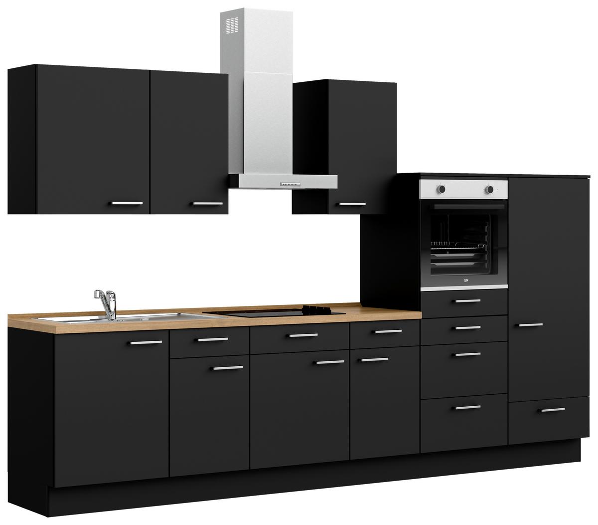 Kuchynská linka 330 cm, čierna matná - čierna/farba ušľachtilej ocele, Modern, kov/kompozitné drevo (330cm) - Nobilia