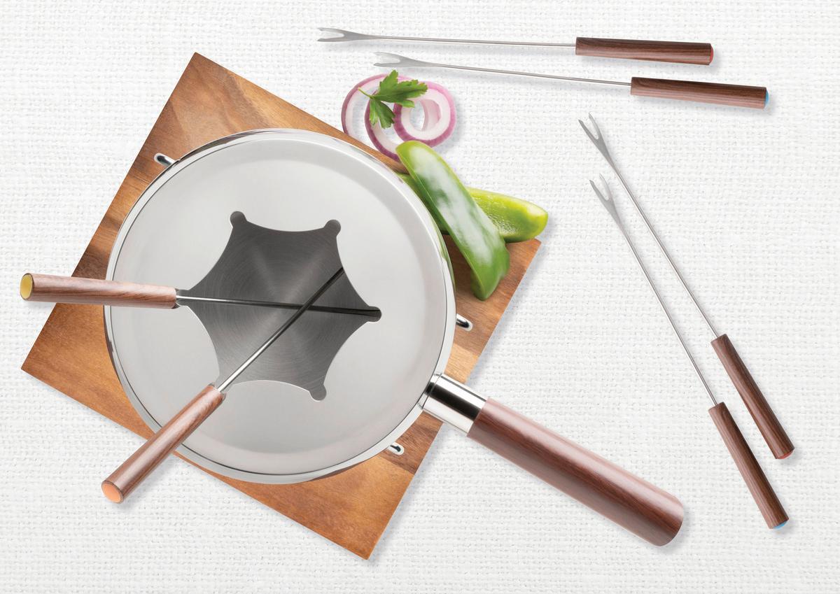 Fondue-Set 10-Teilig 6 Gabeln Edelstahl - Silberfarben/Braun, Trend, Holz/Metall (31/19,5/21cm) - Mäser