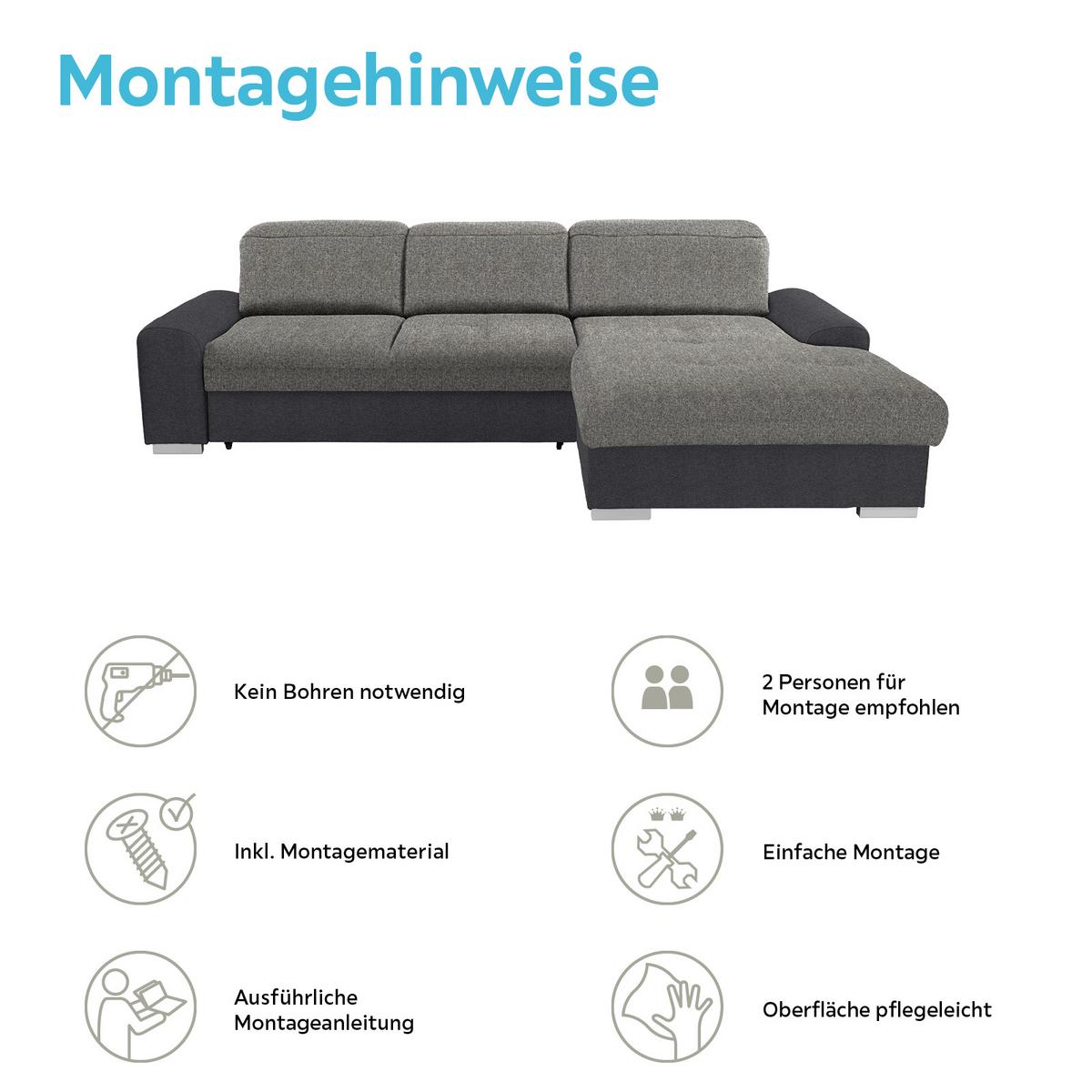 Ecksofa Mit Schlaffunktion + Bettkasten Malaga, Webstoff - Dunkelgrau/Silberfarben, KONVENTIONELL, Textil (286/203cm) - Ondega