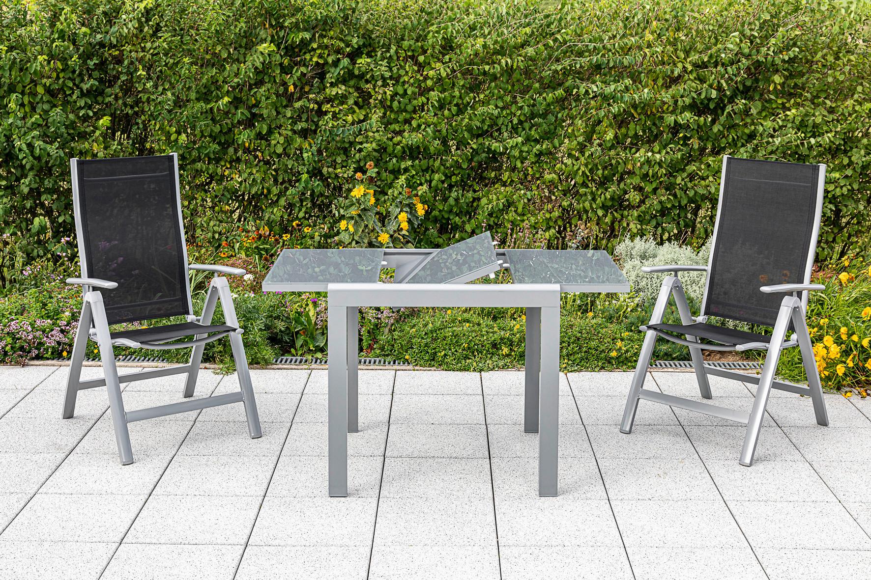 Gartentisch ausziehbar Semi Metall/Glas L: 80-120 cm - Silberfarben, KONVENTIONELL, Glas/Metall (80-120/70/75,5cm) - Gardenson