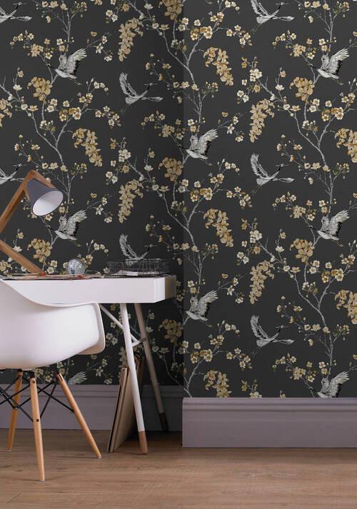 Vliestapete Alexa Kran, Anthrazit/Gold - Anthrazit/Goldfarben, Basics, Papier/Kunststoff (52/1000cm)