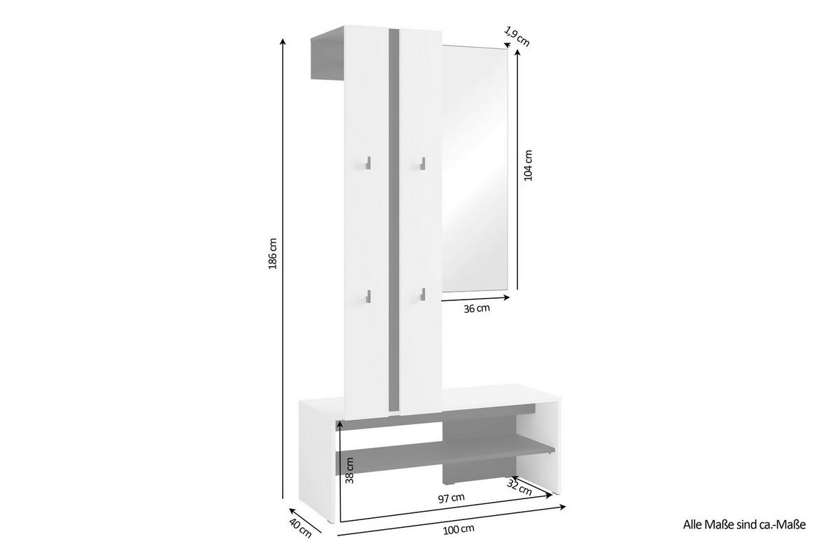 Garderobe Nante Set Weiß/schwarz B: 100 Cm - Schwarz/Weiß, Design, Holzwerkstoff (100/186/40cm) - MID.YOU