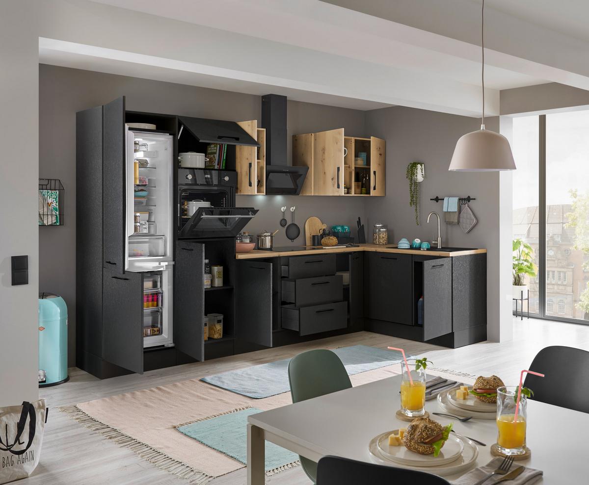 Eckküche Turin Schwarz/eiche Dekor 340x175 Cm - Schwarz/Eiche Artisan, Basics, Holzwerkstoff (340/175cm) - MID.YOU