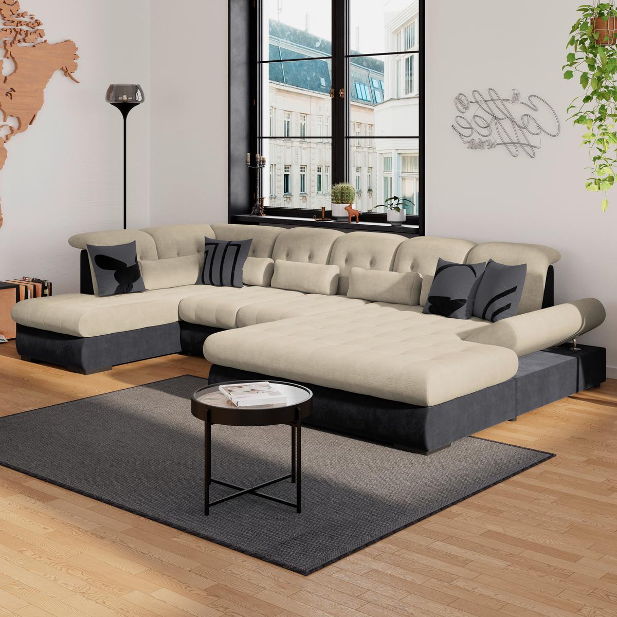 Wohnlandschaft Madera Cremefarben U: 212x358x190 cm - Anthrazit/Creme, KONVENTIONELL, Kunststoff/Textil (212/358/190cm)