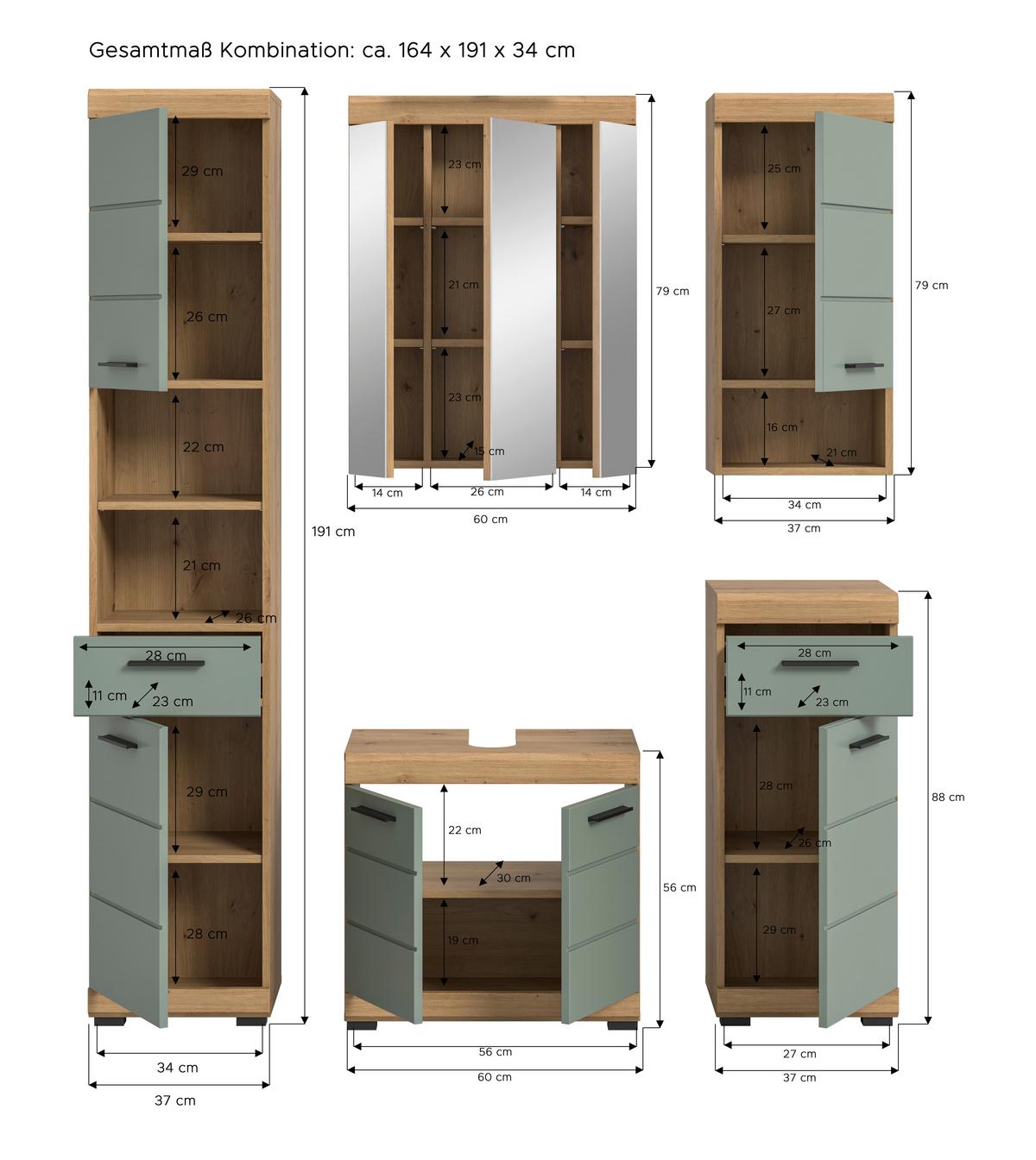 Badezimmer Scout Eiche Dekor/Salbeigrün B:134cm - Salbeigrün/Eichefarben, MODERN, Glas/Holzwerkstoff (134cm) - MID.YOU