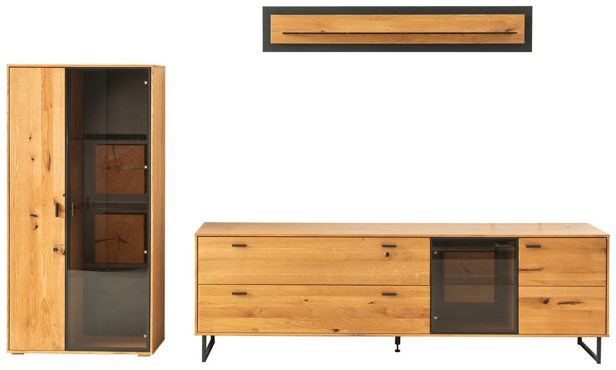 Wohnkombination Wildeiche Dekor Assini 3 -Teilig Wildeiche - Wildeiche/Schwarz, Design, Glas/Holz (306/188/50cm) - MID.YOU