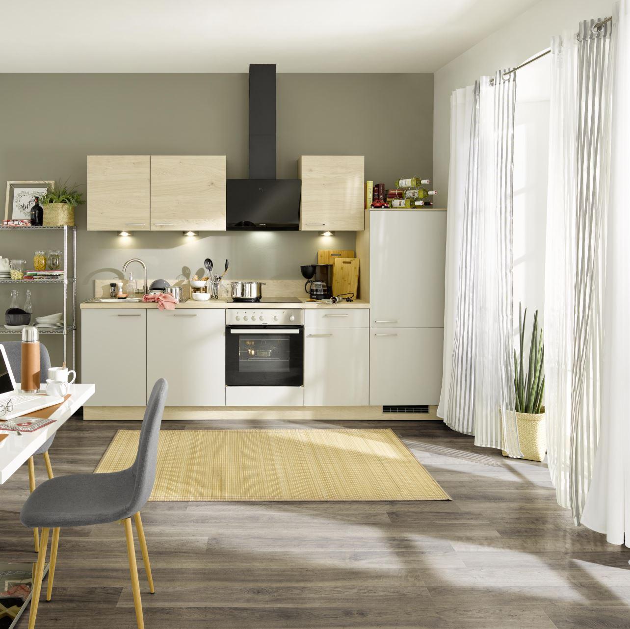 Küchenzeile Win/Plan Mit Geräten 280cm Grau/Eiche Dekor - Basics, Holzwerkstoff (280cm) - Express