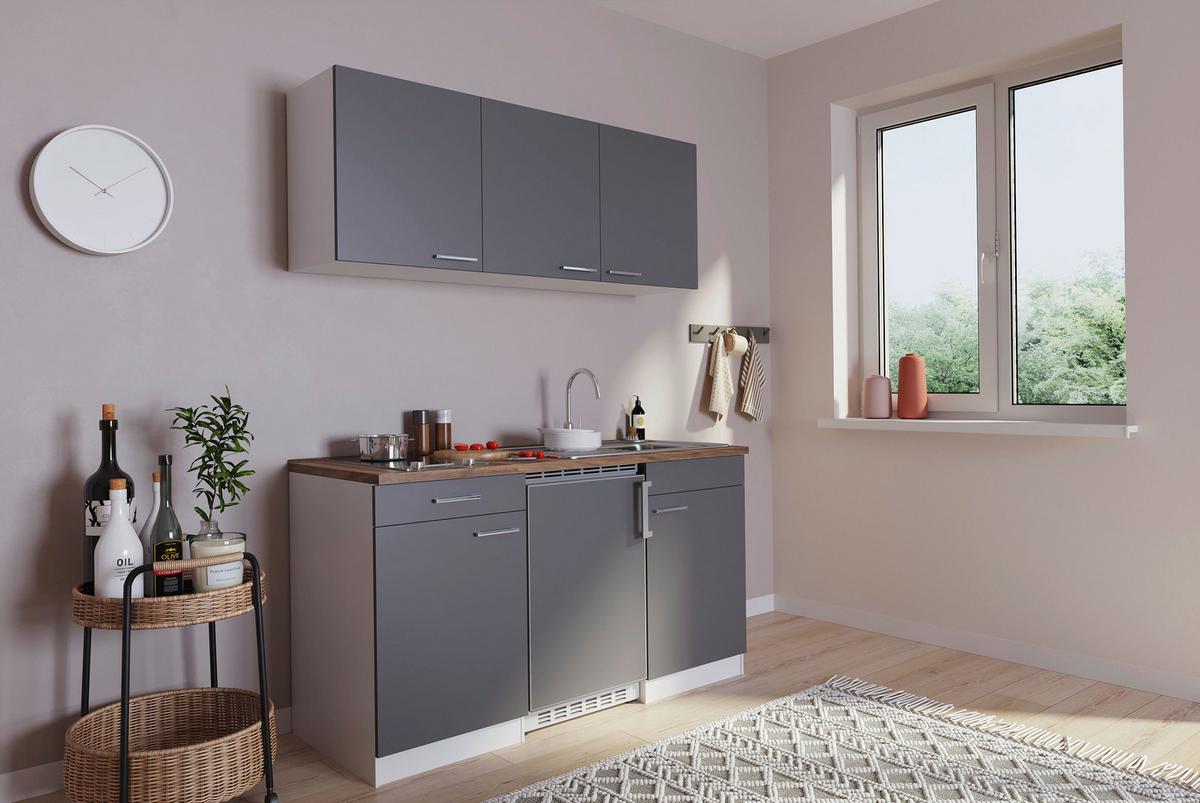 Miniküche Economy M. Geräten 150 Cm Grau/ Nussbaum Dekor - Nussbaumfarben/Weiß, Basics, Holzwerkstoff (150/200/60cm) - Respekta