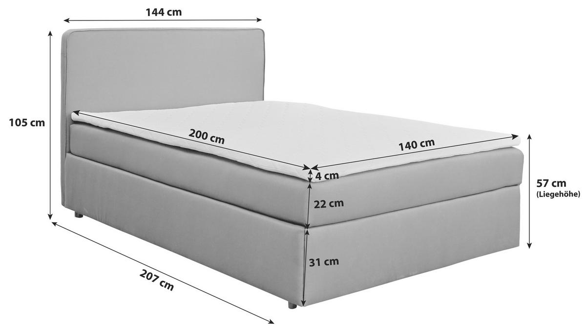 Boxspringbett mit Topper 140x200 Jubi - Anthrazit/Schwarz, KONVENTIONELL, Textil (140/200cm)