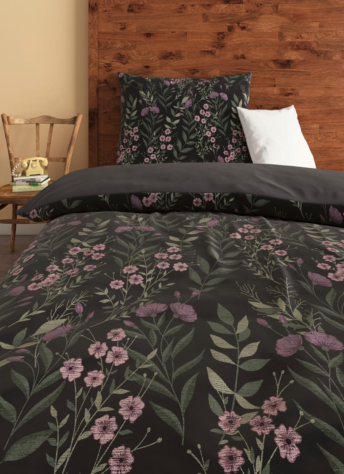 Satin Bettwäsche 140 X 200 cm Olivia Anthrazit Blumen - Anthrazit, ROMANTIK / LANDHAUS, Textil (140/200cm) - James Wood