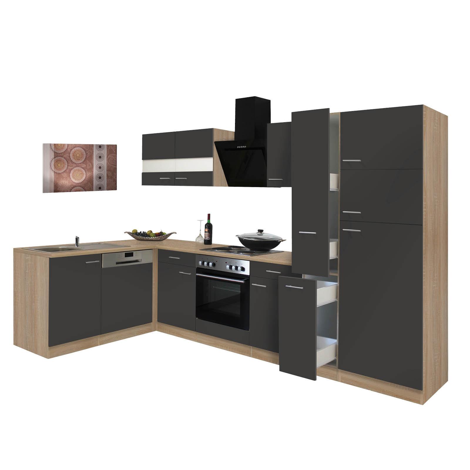 Eckküche Economy mit Geräten 172x310 cm Eiche/Grau Matt - Eichefarben/Grau, Basics, Glas/Holzwerkstoff (172/310cm) - Respekta