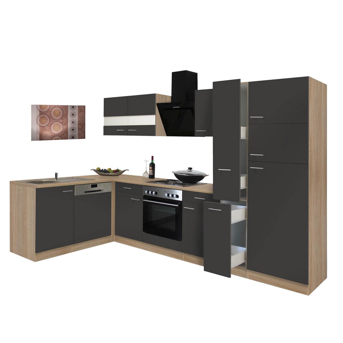 Eckküche Economy mit Geräten 172x310 cm Eiche/Grau Matt - Eichefarben/Grau, Basics, Glas/Holzwerkstoff (172/310cm) - Respekta