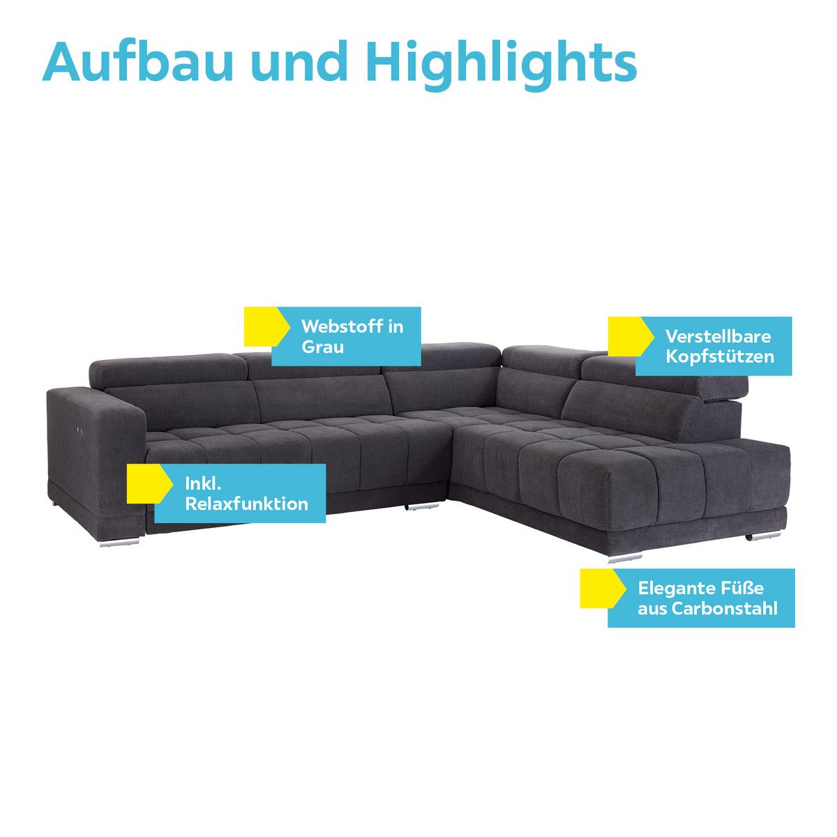 Ecksofa mit Relaxfunktion Hogan Ra, Grau - Silberfarben/Grau, MODERN, Holz/Textil (299/212cm) - Livetastic