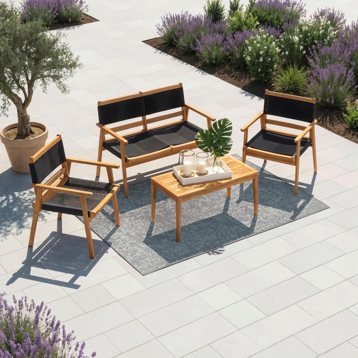 Terasová sedací souprava ENRICA - černá/barvy akácie, Moderní, dřevo/plast (120/84/70cm) - Bessagi Garden