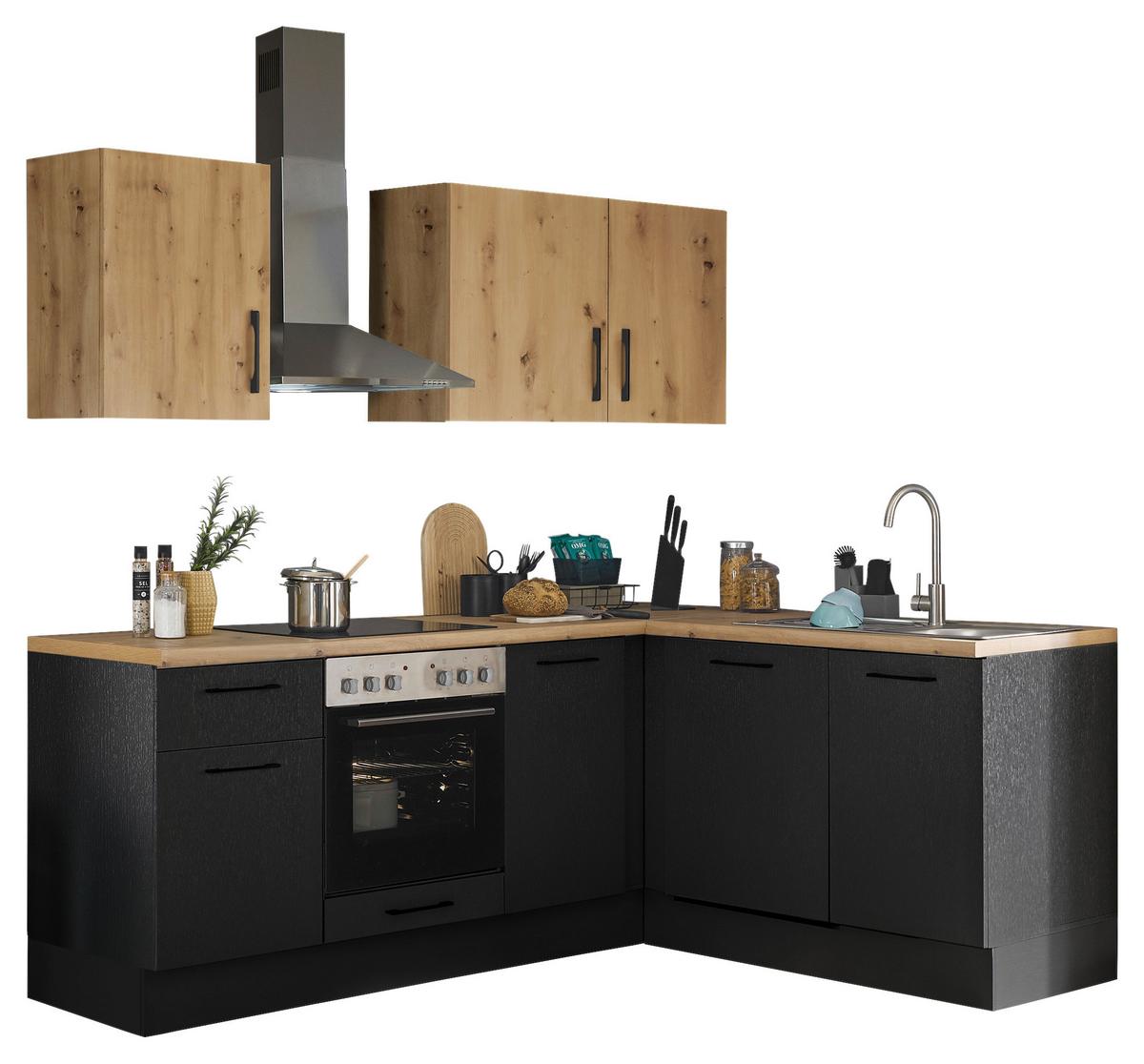 Eckküche Turin Schwarz/Eiche Dekor 220x175 cm - Schwarz/Eiche Artisan, Basics, Holzwerkstoff (220/175cm) - MID.YOU