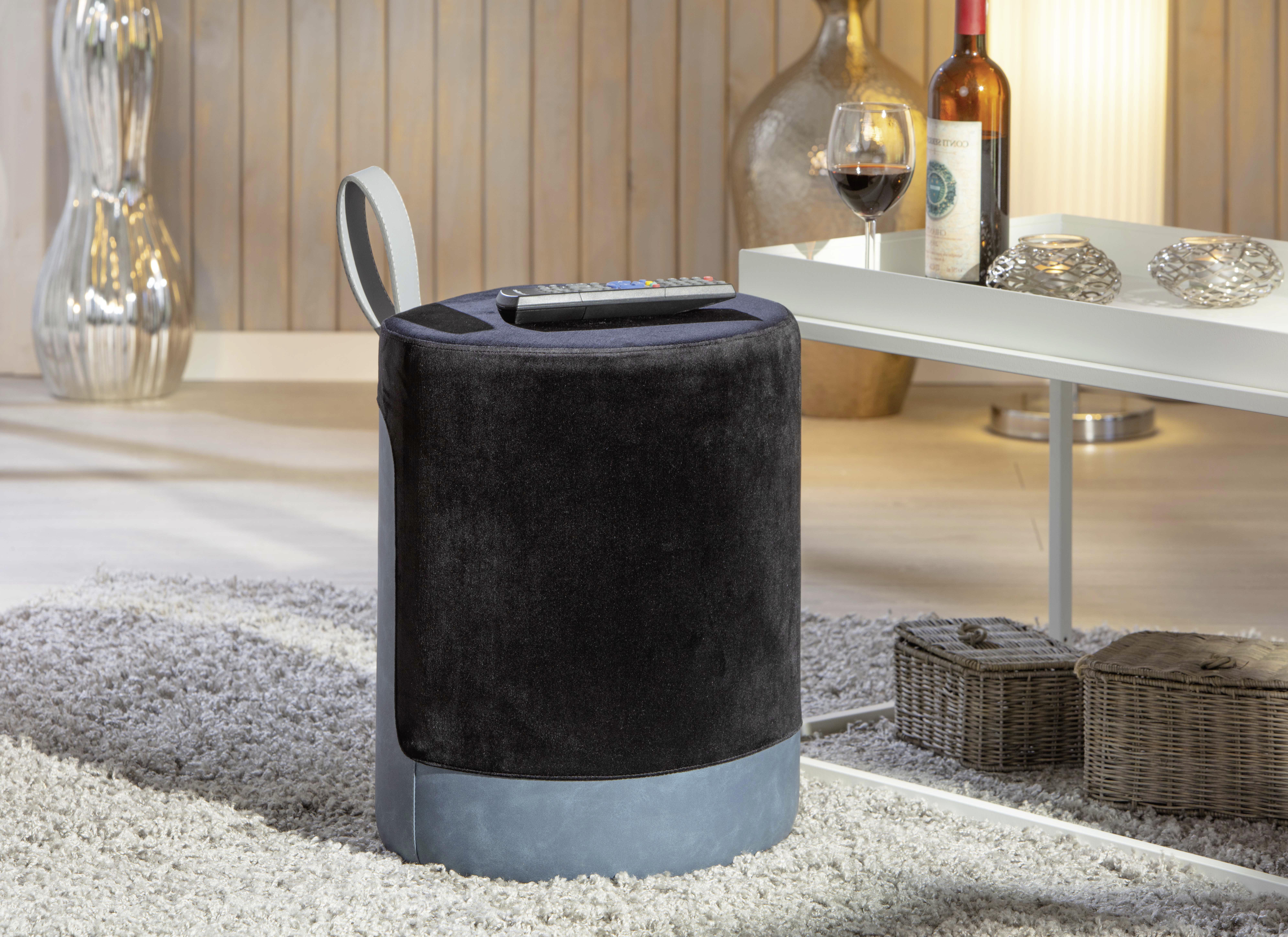 Hocker Osane Samt Blau/Schwarz Sitz Gepolstert H: 43 cm - Blau/Schwarz, KONVENTIONELL, Holzwerkstoff/Kunststoff (38/43/32,5cm) - MID.YOU