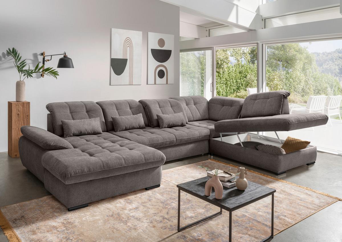 Wohnlandschaft mit Bettkasten Rigatti Graubraun B: 387 cm - Graubraun/Schwarz, MODERN, Textil (184/387/252cm) - Livetastic