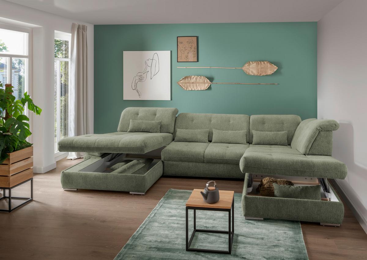 Wohnlandschaft Dalida Mit Schlaffunktion Grün Chenille - Chromfarben/Grün, Design, Textil (195/376/254cm) - Livetastic