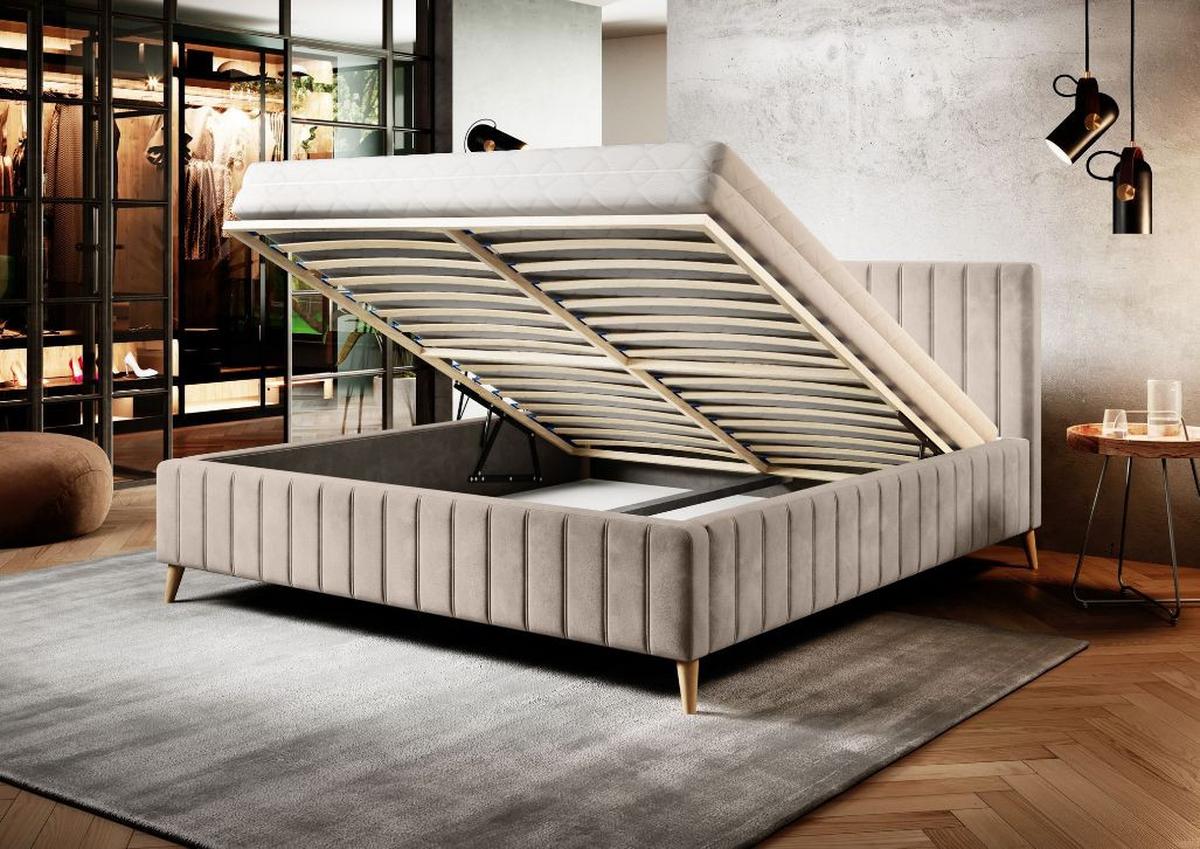 Posteľ Tamina s roštom a úložným priestorom 140x200cm - sivohnedá/prírodná farba, Design, drevo/textil (140/200cm)