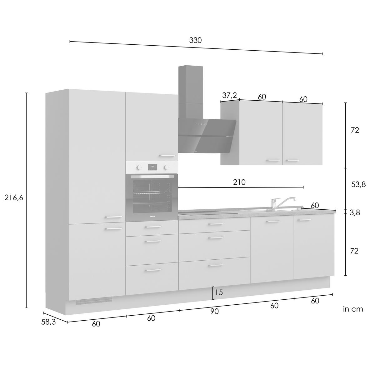 Kuchynská linka 330 cm, biela / dub Sierra - biela/farba ušľachtilej ocele, Romantik / Landhaus, kov/kompozitné drevo (330cm) - Nobilia