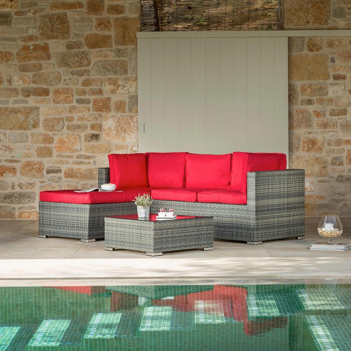 Loungegarnitur 3-Tlg Leona aus Polyrattan mit Kissen - Rot/Braun, MODERN, Glas/Kunststoff (146/199cm) - Luca Bessoni