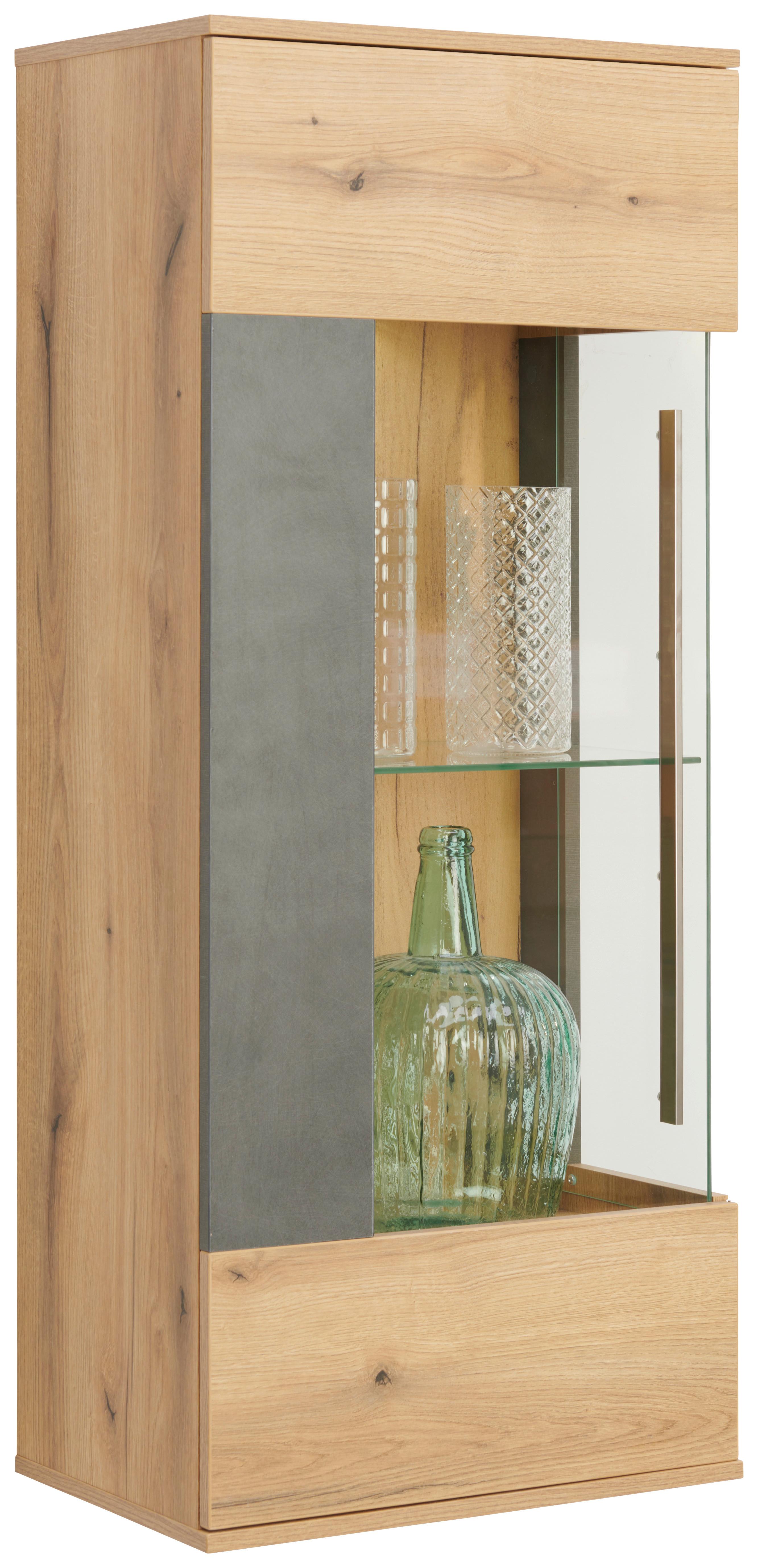 Vitrine aus Holzdekor mit teilverglaster Drehtür