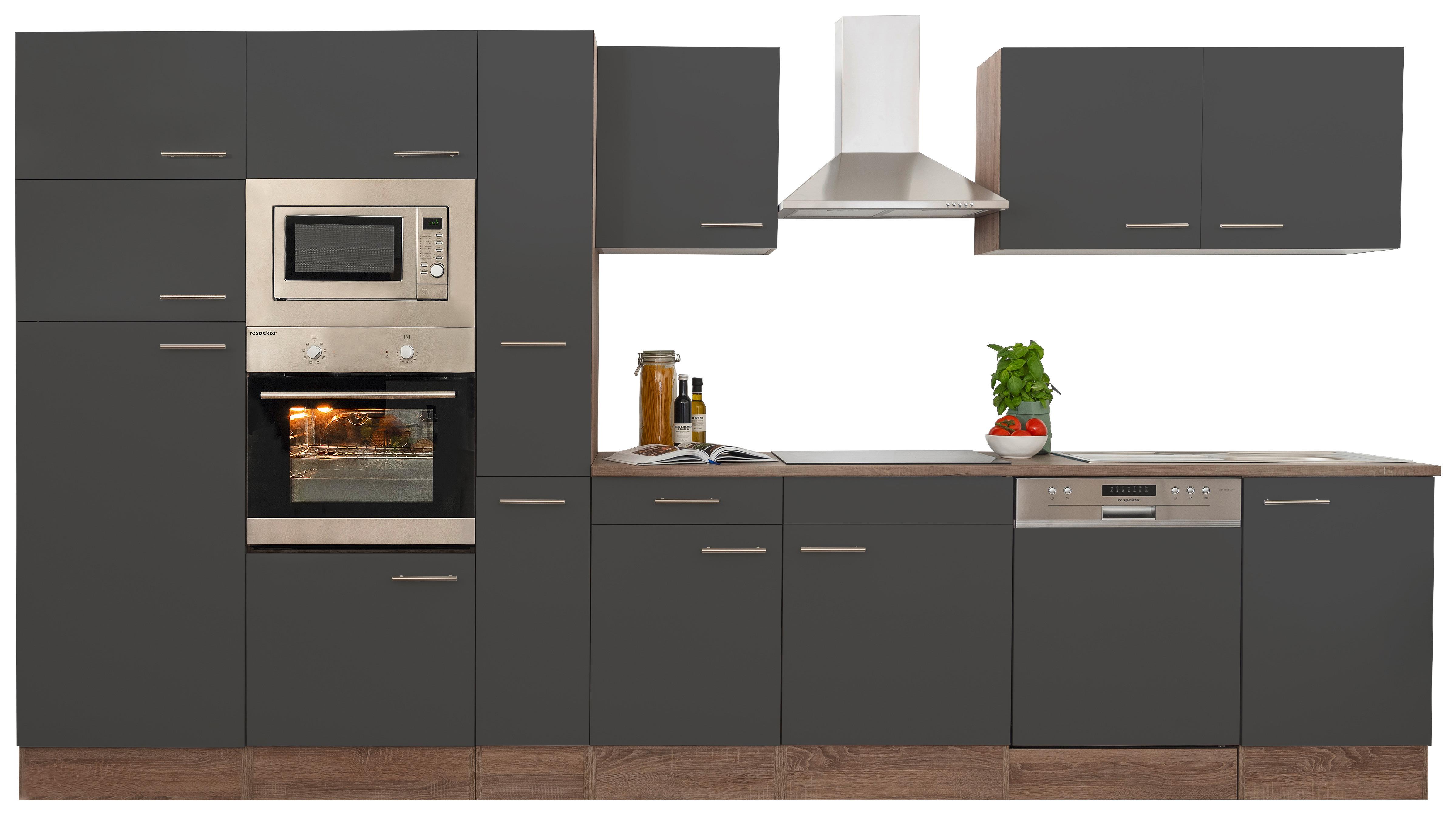 Küchenzeile ohne Geräte B: 370 cm Grau/Eiche Dekor - Eichefarben/Grau, Basics, Holzwerkstoff (370cm) - Respekta