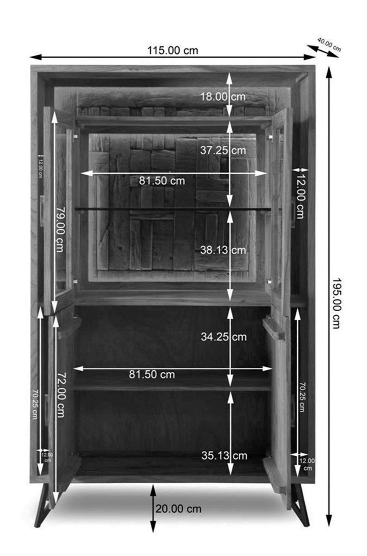 Vitrine Indira Akazie Massiv, B: 115 cm - Schwarz/Akaziefarben, ROMANTIK / LANDHAUS, Glas/Holz (115/195/40cm)
