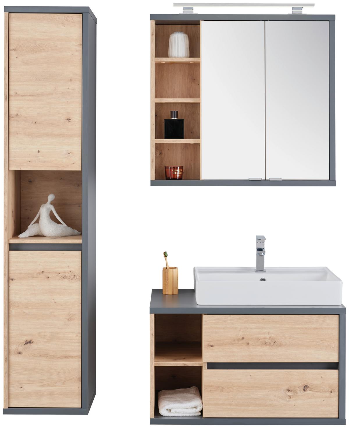 Waschbeckenunterschrank Camillo B: 80 Cm, Eichefarben - Weiß Hochglanz/Anthrazit, MODERN, Keramik/Holzwerkstoff (80/48/46cm)