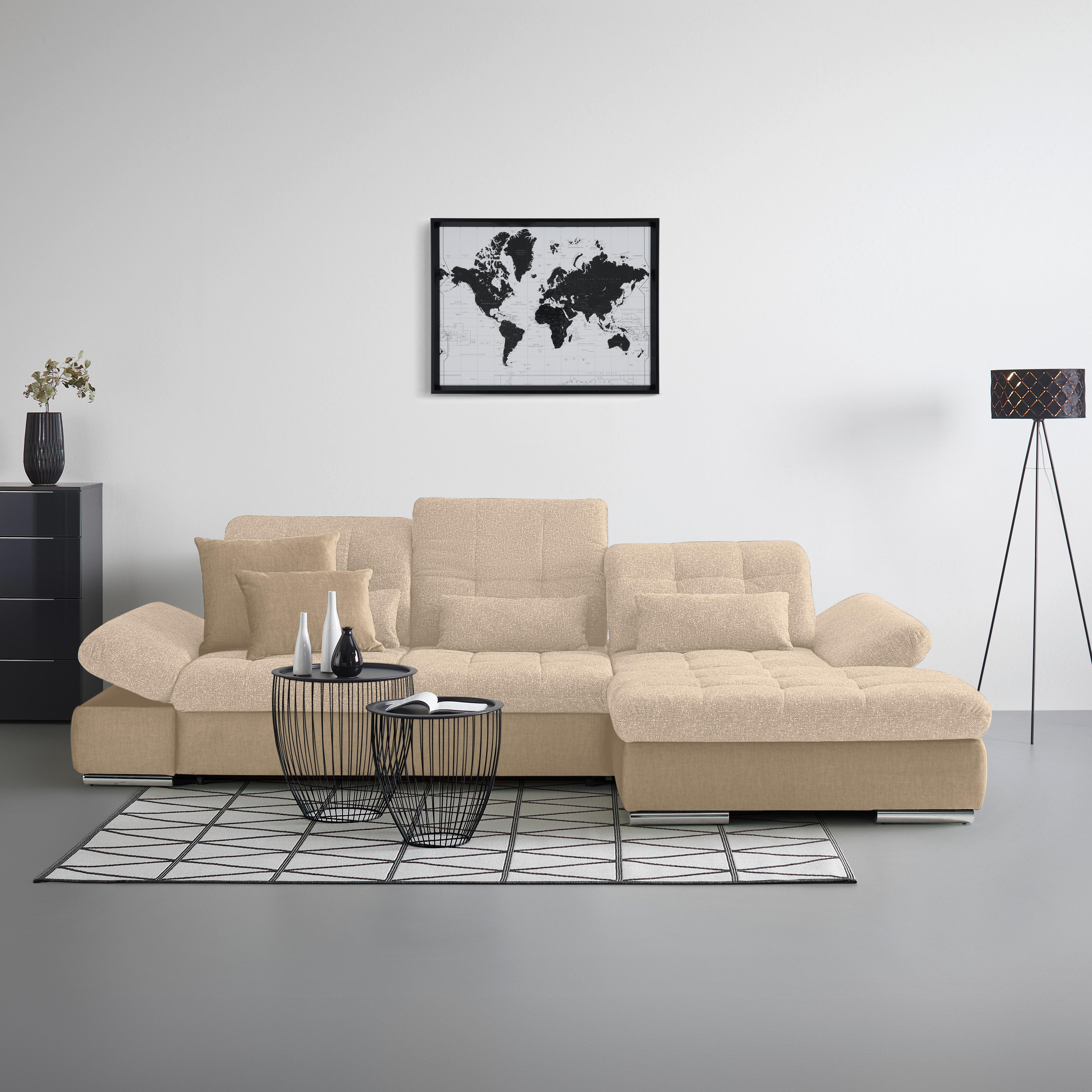 Rohová sedačka SANFINO, pravá, šedohnědá / béžová - barvy chromu/béžová, Konvenční, kov/dřevo (305/79-96/199cm) - Premium Living