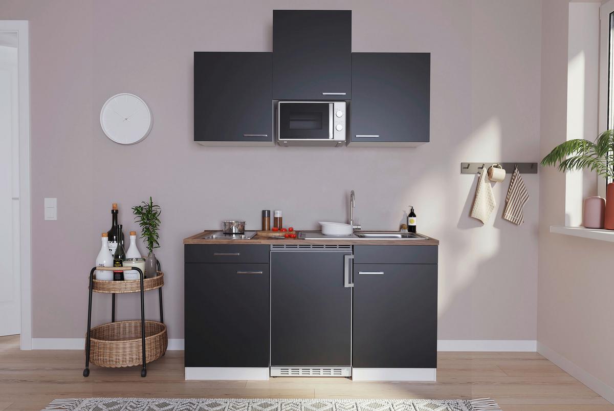 Miniküche Economy mit Geräten 150 cm Schwarz/Nussbaum Dekor - Nussbaumfarben/Schwarz, Basics, Holzwerkstoff (150cm) - Respekta