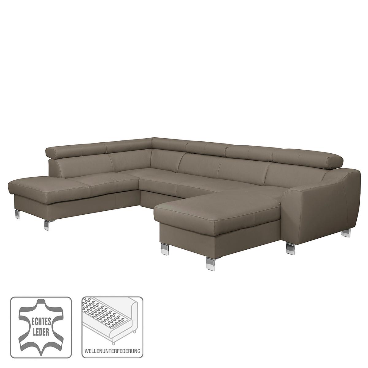 Wohnlandschaft Aspen Taupe U-Form: 208 cm - Taupe/Chromfarben, Design, Leder/Textil (208/315/175cm) - Livetastic