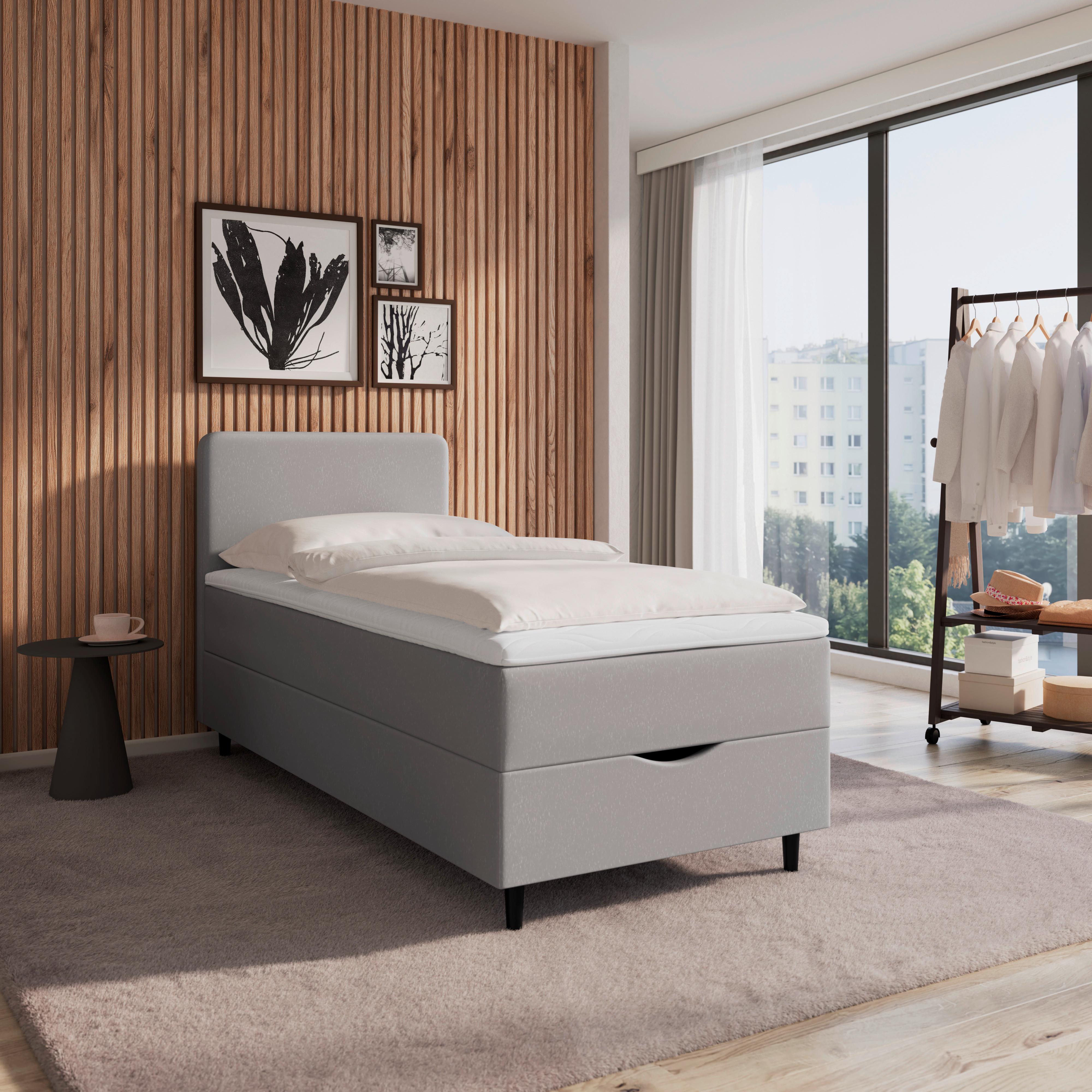 Boxspringová posteľ VIDA 90x200, sivá, s topperom - čierna/sivá, Modern, drevo/textil (90/200cm) - Bessagi Home