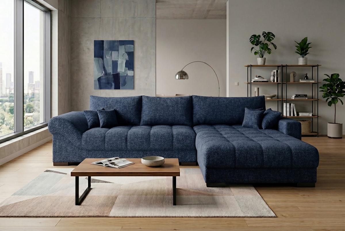 Boxspringsofa Emil Webstoff blau,S:343x217cm - Blau/Schwarz, ROMANTIK / LANDHAUS, Holzwerkstoff/Textil (343/217cm)