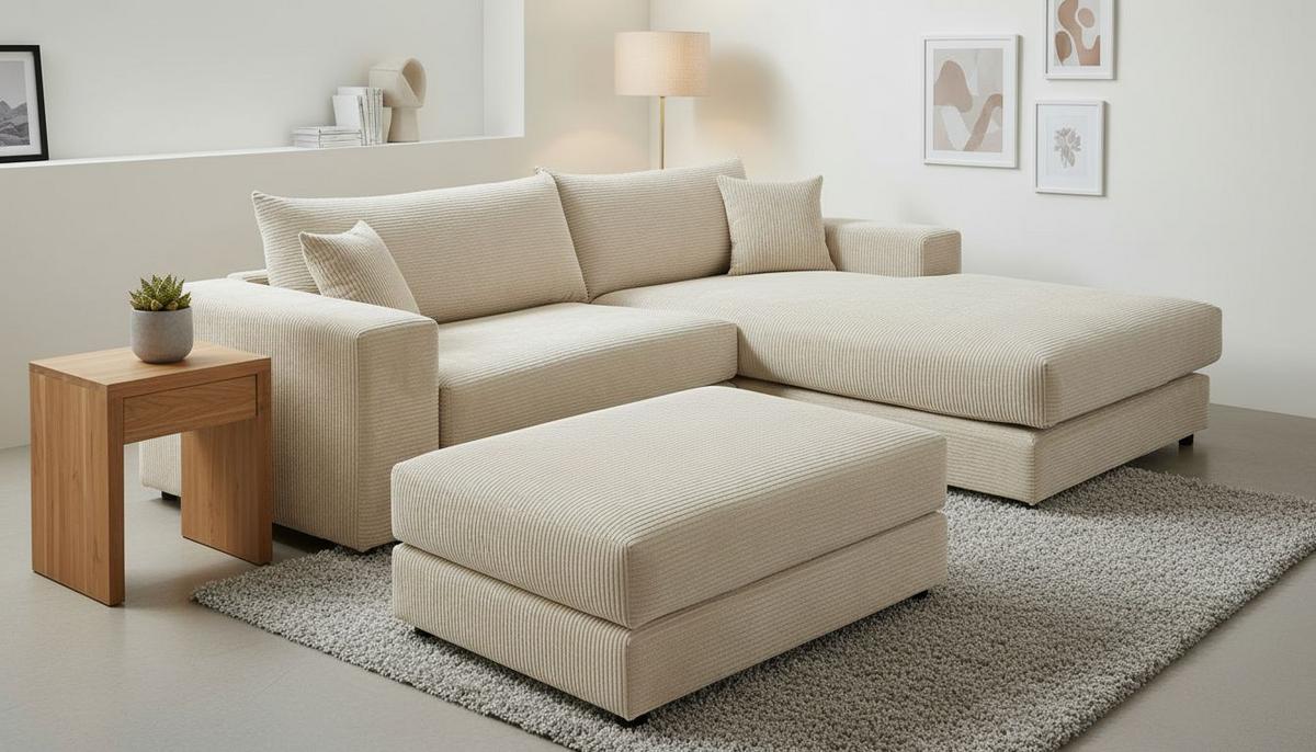 Ecksofa Funny S Rechts Creme mit Hocker S: 265x180 cm - Creme/Schwarz, Basics, Textil (265/180cm) - Livetastic