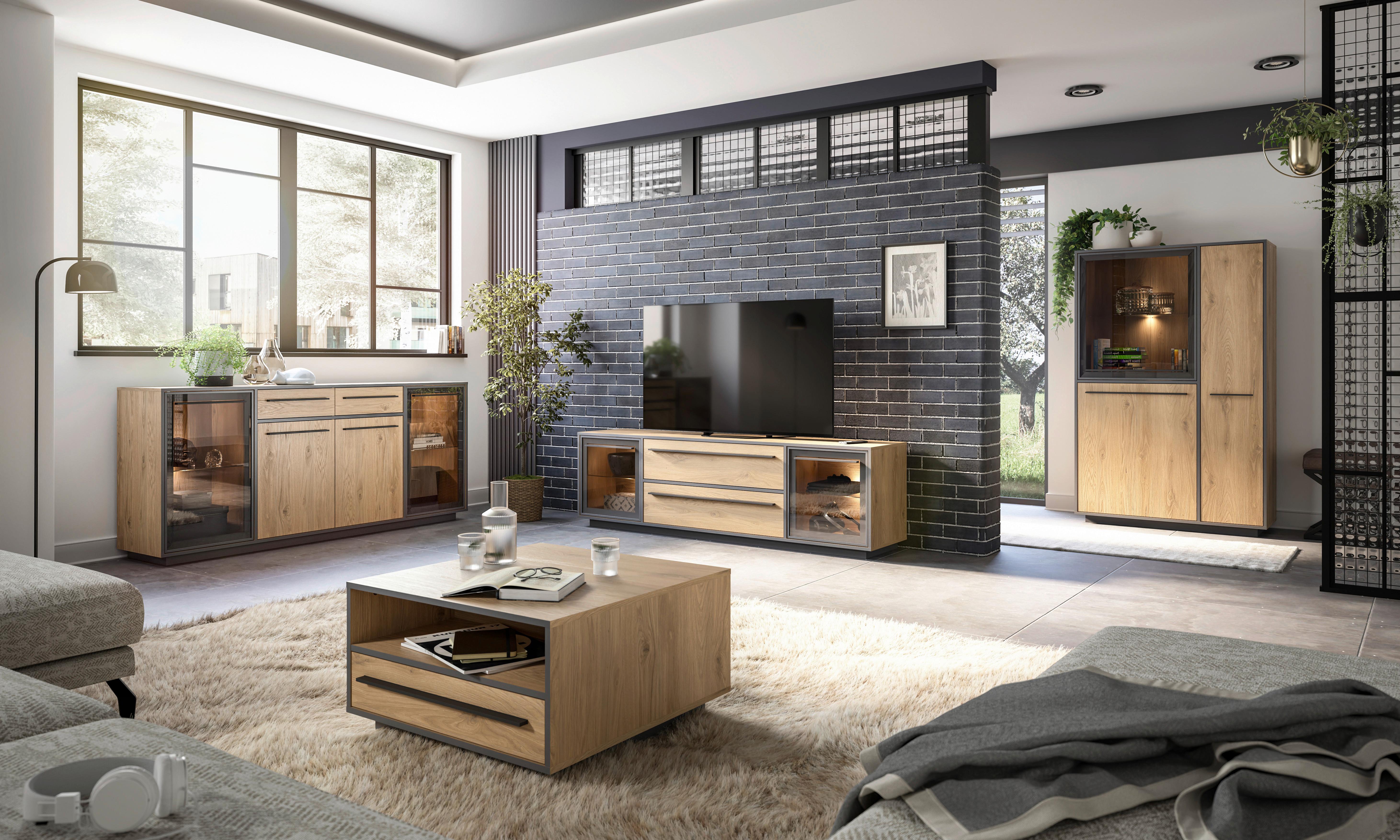 Sideboard Nadiro B: 187 cm Wildeiche Dekor/Schwarz Matt - Eichefarben/Schwarz, Trend, Glas/Holzwerkstoff (187/83/40cm) - Livetastic