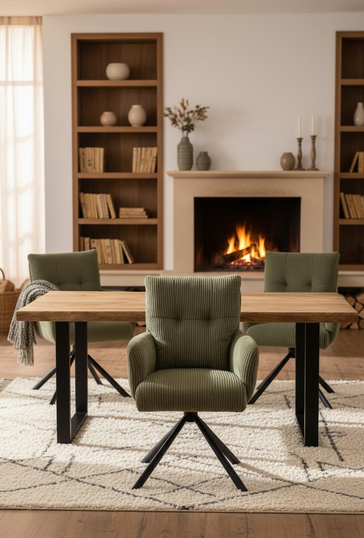 Armlehnstuhl Leni Cord Grün Sitzfl. 180° drehbar, B: 60cm - Schwarz/Grün, KONVENTIONELL, Textil/Metall (60/95/67cm) - MID.YOU