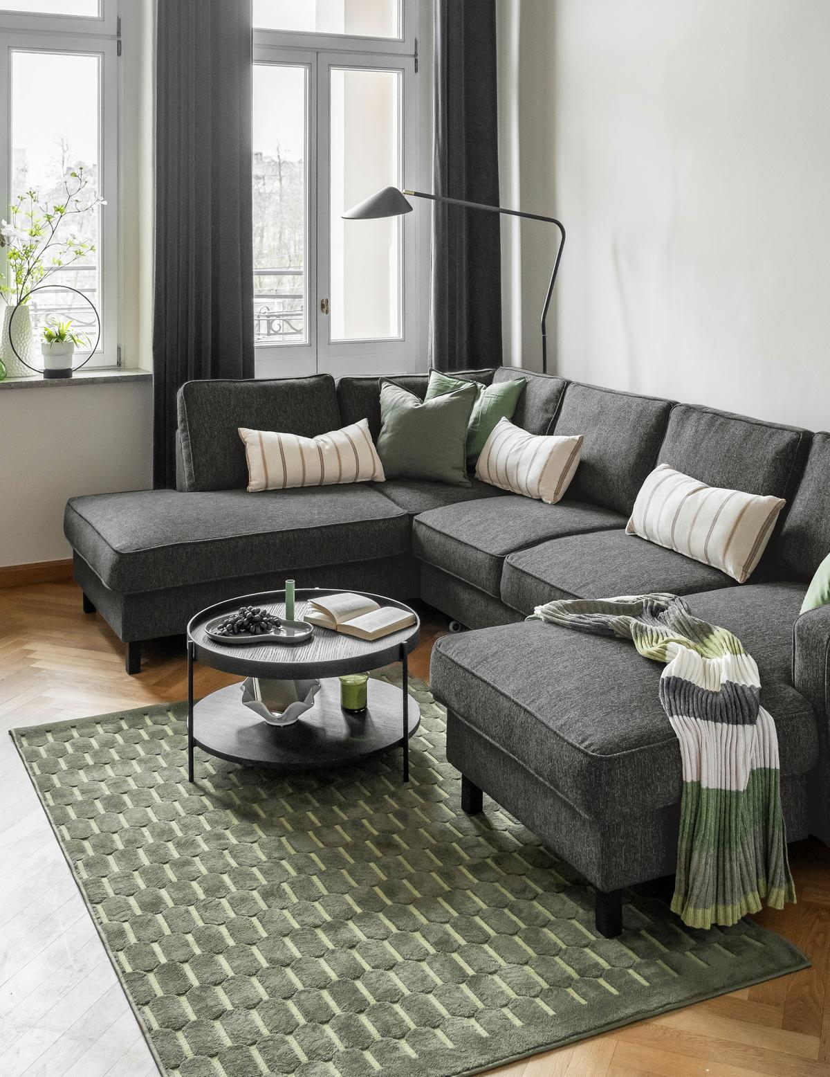 Wohnlandschaft Molly Dunkelgrau B: 298 cm - Dunkelgrau/Schwarz, Textil (198/298/148cm) - MID.YOU