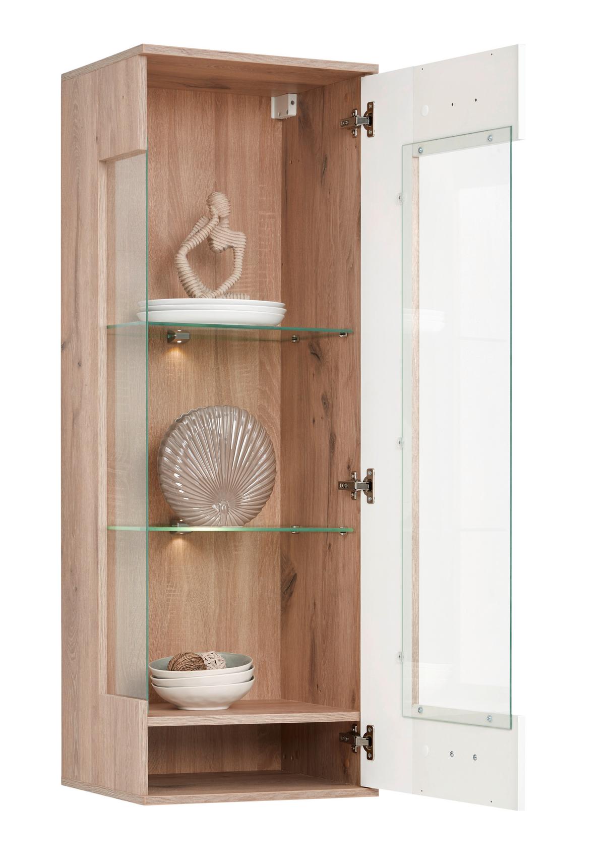 ZÁVĚSNÁ VITRÍNA LIVERPOOL - bílá/barvy dubu, Moderní, kov/kompozitní dřevo (45/129/38cm)