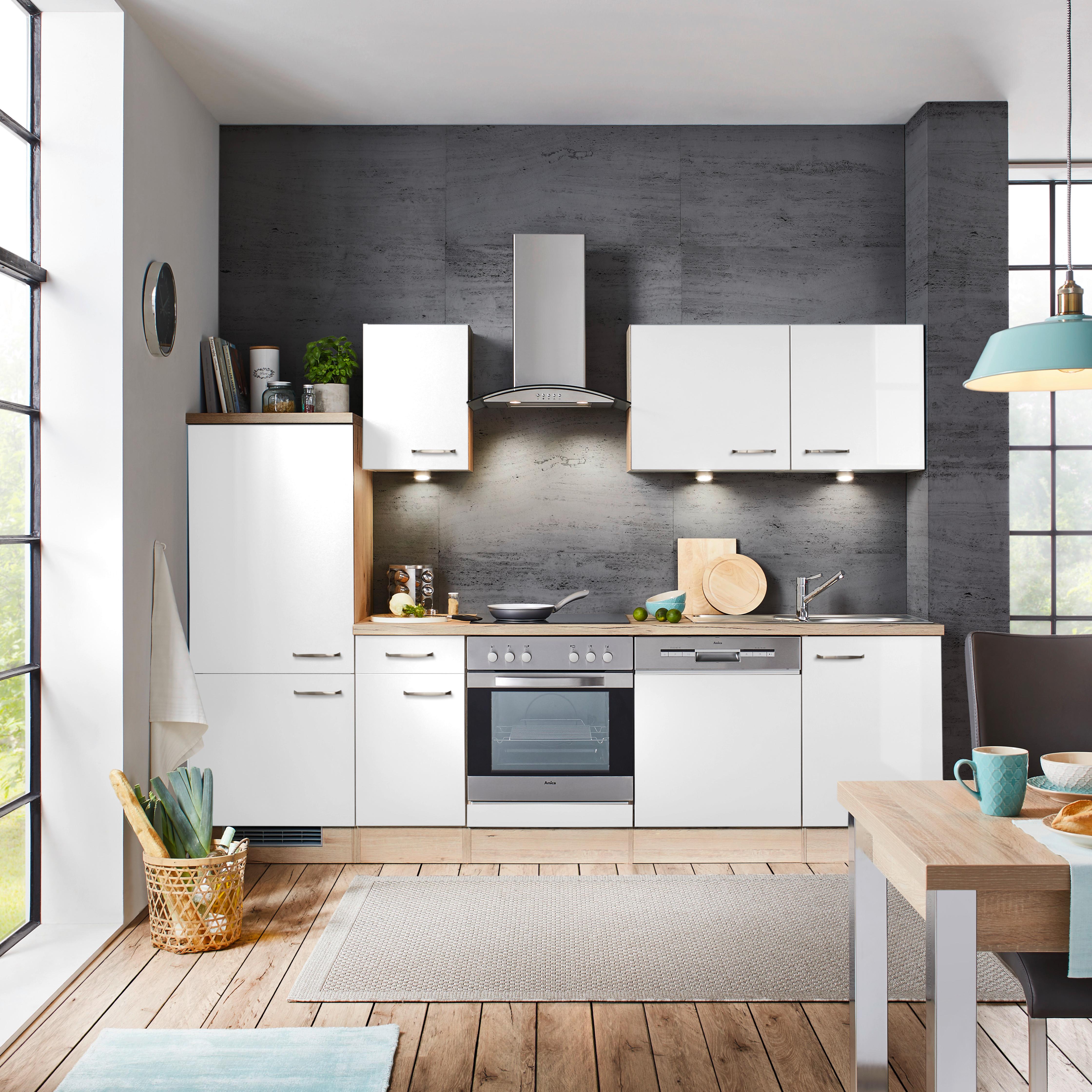 Kuchynský blok VENEZIA bez spotrebičov, šírka 270 cm - biela/farba duba, Modern, kompozitné drevo (270cm) - FlexWell