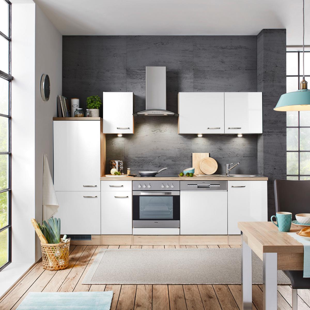 Kuchynský blok VENEZIA bez spotrebičov, šírka 270 cm - biela/farba duba, Modern, kompozitné drevo (270cm) - FlexWell