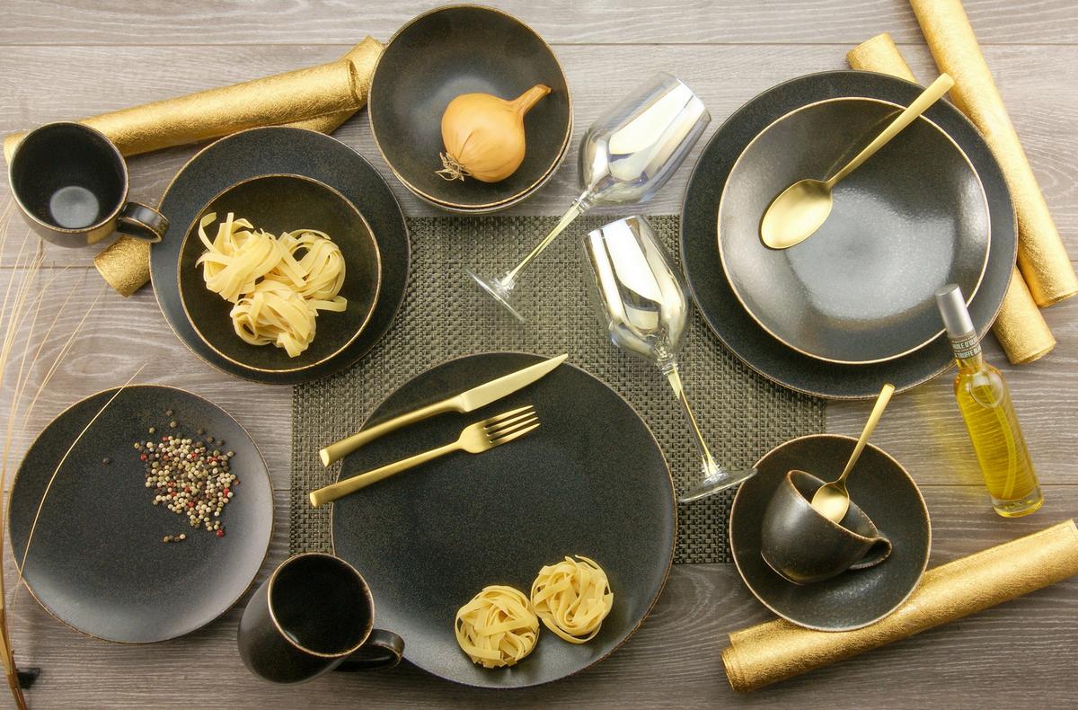 Kombiservice Rusty Keramik 4 Personen Geschirr Set - Goldfarben/Schwarz, Design, Keramik (33/34/34cm) - Creatable