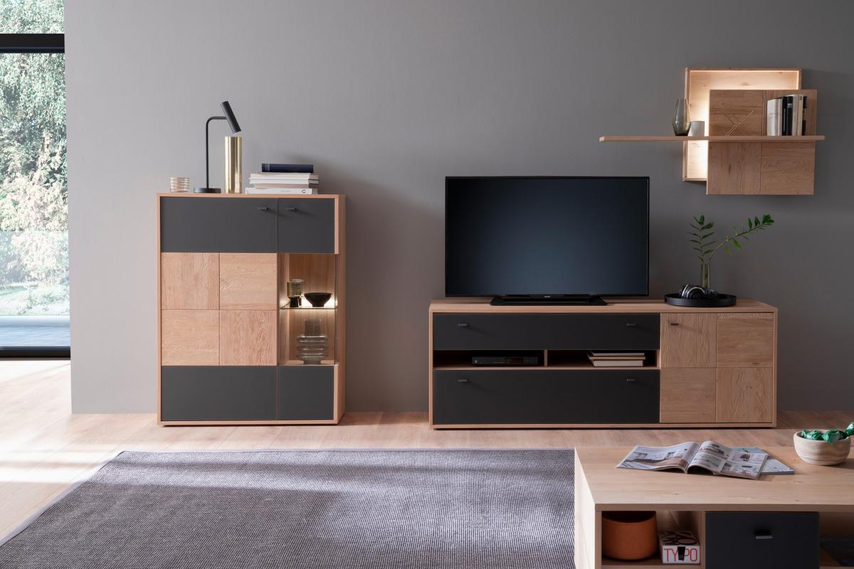Wohnkombination teilmassiv 3tlg. Valencia Anthrazit/Eiche - Eiche Bianco/Anthrazit, Design, Glas/Holz (328/193/50cm) - MID.YOU