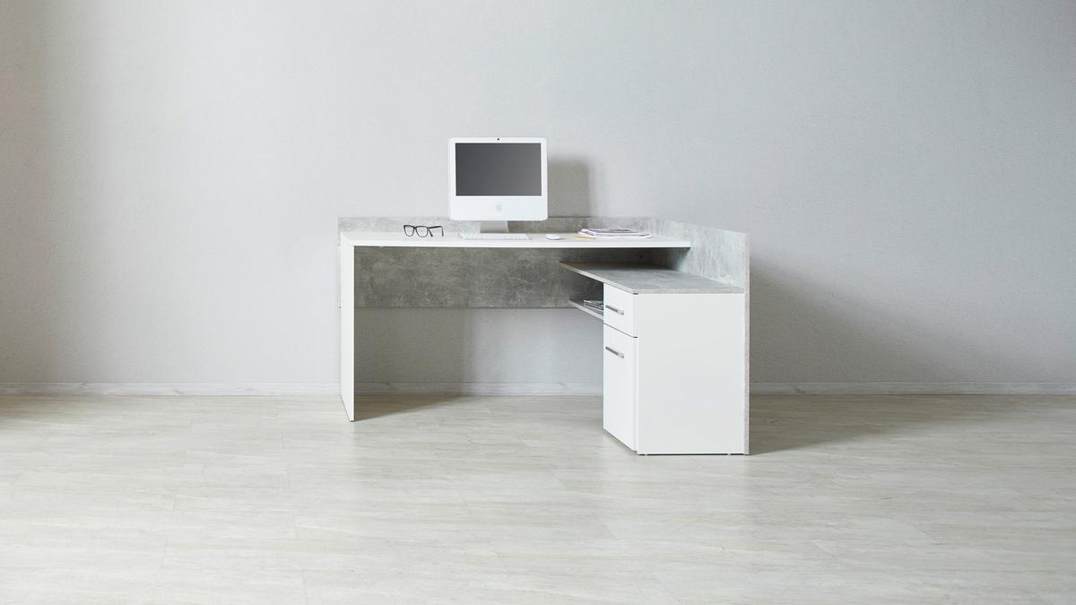 Eckschreibtisch Mit Stauraum B: 141,6 Cm Moni, Betonoptik - Dunkelgrau/Weiß, MODERN, Holzwerkstoff (141,6/80,5/124cm)
